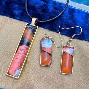 Hand Painted Elegant Coppery Abstract Handmade Pendant Jewelry Set Pour Art 5515